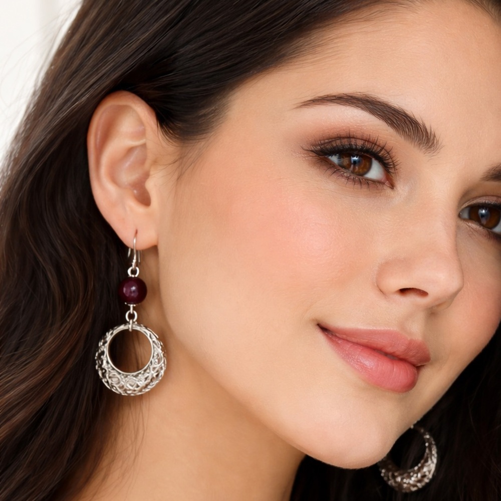 Silver Filigree Hoop Dangle Earrings Burgundy Bead Dillard’s Elegant Statement